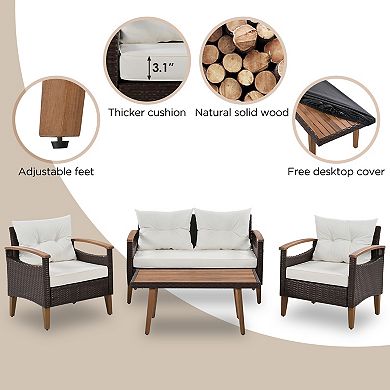 Trikiousd 4-Piece Outdoor Wicker Sofa Set with Wood Table and Cushions