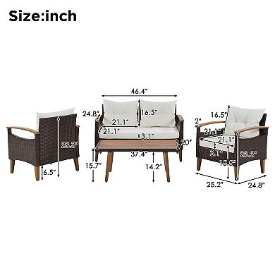 Trikiousd 4-Piece Outdoor Wicker Sofa Set with Wood Table and Cushions