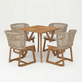 Trikiousd 5 pc Outdoor Patio Dining Set Acacia Wood Table and Wicker Chairs with Cushions