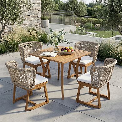Trikiousd 5-Piece Outdoor Patio Dining Set Acacia Wood Table and Wicker Chairs with Cushions
