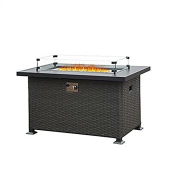Trikiousd 43" Propane Fire Pit Table 50000 BTU Wicker Fire Table with Glass Wind Guard