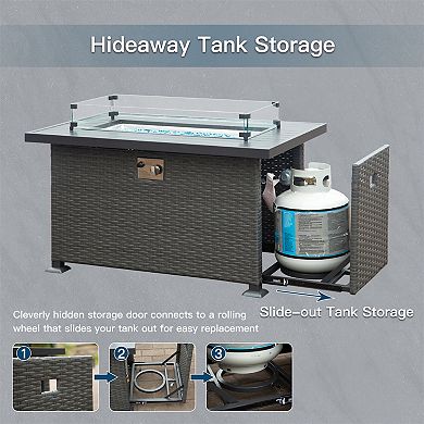 Trikiousd 43" Propane Fire Pit Table 50000 BTU Wicker Fire Table with Glass Wind Guard