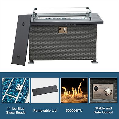 Trikiousd 43" Propane Fire Pit Table 50000 BTU Wicker Fire Table with Glass Wind Guard