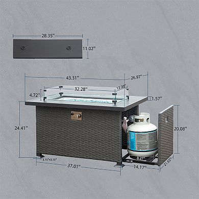 Trikiousd 43" Propane Fire Pit Table 50000 BTU Wicker Fire Table with Glass Wind Guard
