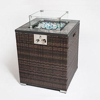 Trikiousd 24" Propane Fire Pit Table 50000 BTU Tile Top Wicker Fire Table with Wind Guard