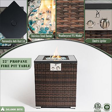 Trikiousd 24" Propane Fire Pit Table 50000 BTU Tile Top Wicker Fire Table with Wind Guard