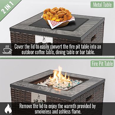 Trikiousd 24" Propane Fire Pit Table 50000 BTU Tile Top Wicker Fire Table with Wind Guard