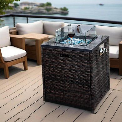 Trikiousd 24" Propane Fire Pit Table 50000 BTU Tile Top Wicker Fire Table with Wind Guard