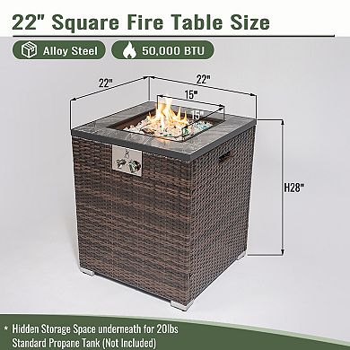 Trikiousd 24" Propane Fire Pit Table 50000 BTU Tile Top Wicker Fire Table with Wind Guard