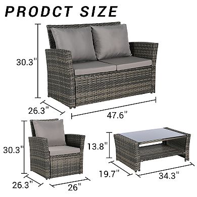 Trikiousd 4-Piece Patio Rattan Sofa Set with Cushions and Glass Coffee Table