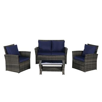 Trikiousd 4 pc Patio Rattan Sofa Set with Cushions and Glass Coffee Table
