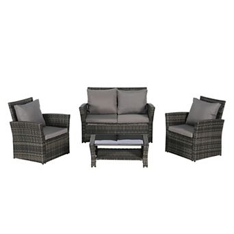 Trikiousd 4 pc Patio Rattan Sofa Set with Cushions and Glass Coffee Table