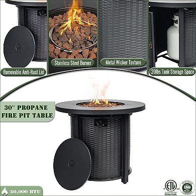 Trikiousd 30" Round Propane Fire Pit Table 50000 BTU Steel Fire Table with Lid