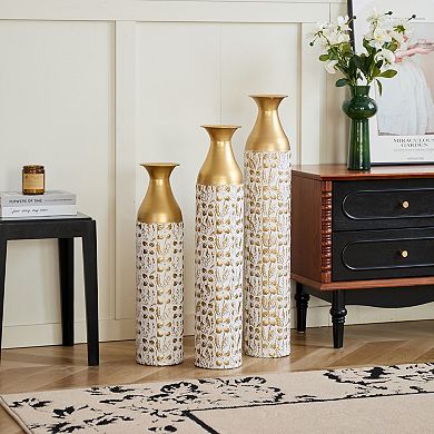 Trikiousd 3-Piece Metal Floor Vase Set Relief Flower 32.68" 29" 24" Tall