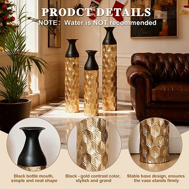 Trikiousd 3-Piece Metal Floor Vase Set 33.8" 29" 24.8" Tall Geometric Design