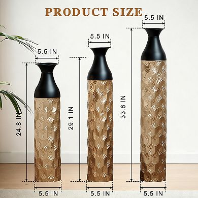 Trikiousd 3-Piece Metal Floor Vase Set 33.8" 29" 24.8" Tall Geometric Design