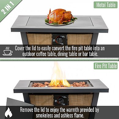 Trikiousd 28" Propane Fire Pit Table 50000 BTU Square Steel with Lid and Cover