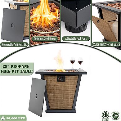 Trikiousd 28" Propane Fire Pit Table 50000 BTU Square Steel with Lid and Cover