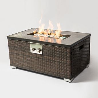 Trikiousd 32" Propane Fire Pit Table 50000 BTU Tile Top with Wicker Base