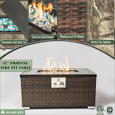 Trikiousd 32" Propane Fire Pit Table 50000 BTU Tile Top with Wicker Base
