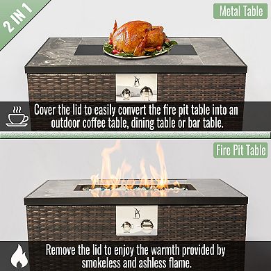 Trikiousd 32" Propane Fire Pit Table 50000 BTU Tile Top with Wicker Base