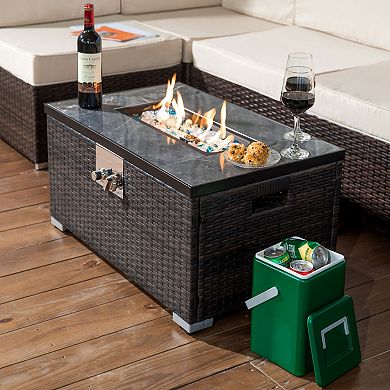 Trikiousd 32" Propane Fire Pit Table 50000 BTU Tile Top with Wicker Base