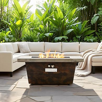 Trikiousd 42" Propane Fire Pit Table 50000 BTU Rectangular Cement Look with Lid