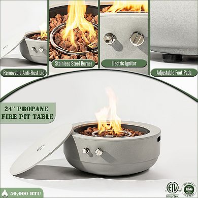 Trikiousd 24" Propane Fire Pit Bowl 50000 BTU Round Steel with Lid Outdoor