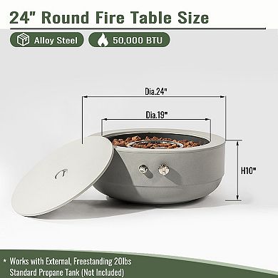 Trikiousd 24" Propane Fire Pit Bowl 50000 BTU Round Steel with Lid Outdoor