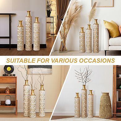 Trikiousd Set of 3 Metal Floor Vases Gold Leaf Pattern Floor Vases 32.3" 28" 24" Tall