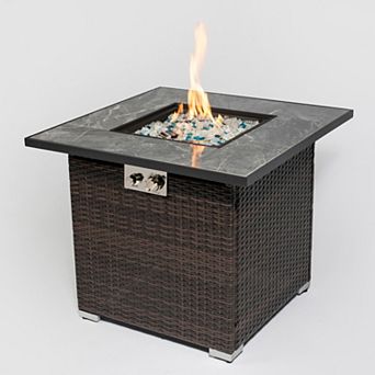 Trikiousd 30" Propane Fire Pit Table 50000 BTU Square Tile Top with Wicker Base