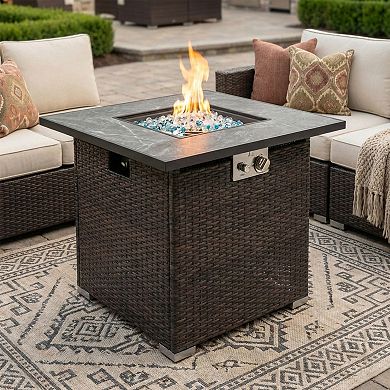 Trikiousd 30" Propane Fire Pit Table 50000 BTU Square Tile Top with Wicker Base