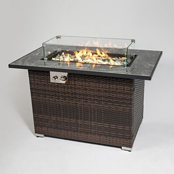 Trikiousd 44" Propane Fire Pit Table 50000 BTU Tile Top Wicker Fire Table with Wind Guard