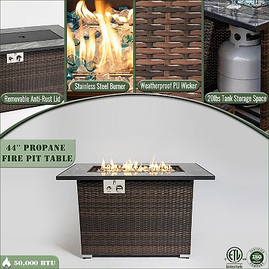 Trikiousd 44" Propane Fire Pit Table 50000 BTU Tile Top Wicker Fire Table with Wind Guard