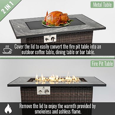 Trikiousd 44" Propane Fire Pit Table 50000 BTU Tile Top Wicker Fire Table with Wind Guard