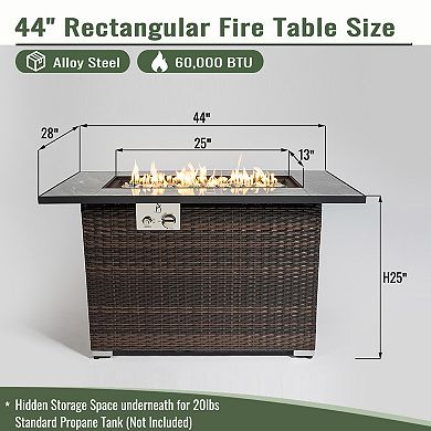 Trikiousd 44" Propane Fire Pit Table 50000 BTU Tile Top Wicker Fire Table with Wind Guard
