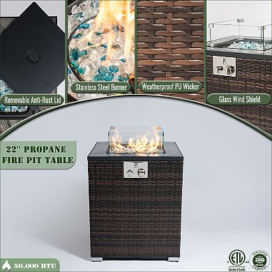 Trikiousd 22" Propane Fire Pit Table 50000 BTU Wicker Fire Table with Wind Guard