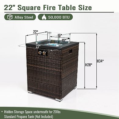 Trikiousd 22" Propane Fire Pit Table 50000 BTU Wicker Fire Table with Wind Guard