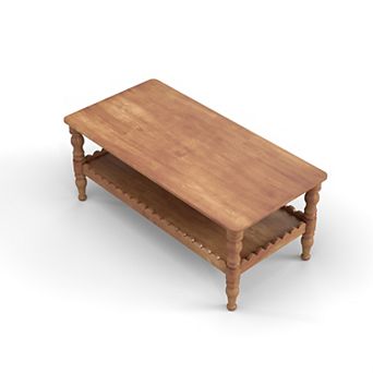 Trikiousd Rectangle Coffee Table, Solid Wood Legs 2 tier Farmhouse Center Table with Shelf