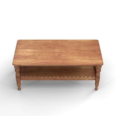 Trikiousd Rectangle Coffee Table, Solid Wood Legs 2-Tier Farmhouse Center Table with Shelf