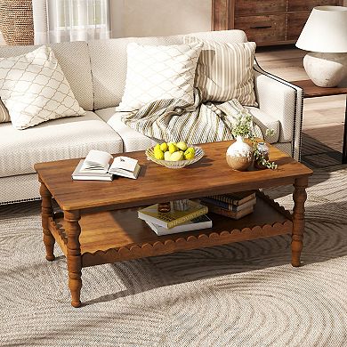 Trikiousd Rectangle Coffee Table, Solid Wood Legs 2-Tier Farmhouse Center Table with Shelf