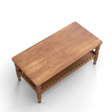 Trikiousd Rectangle Coffee Table, Solid Wood Legs 2-Tier Farmhouse Center Table with Shelf
