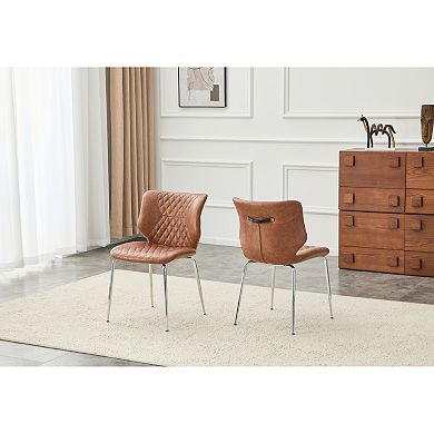 Trikiousd Leather Dining Chairs Set of 2, Brown High-Back Diamond-Tufted Chairs with Metal Legs