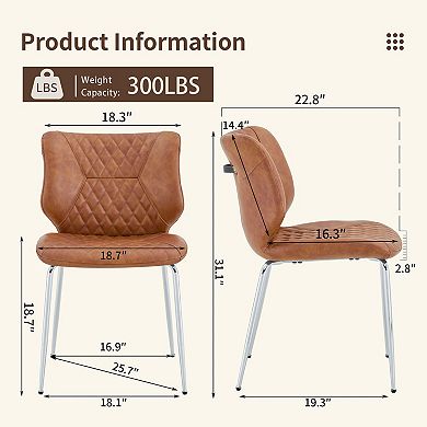 Trikiousd Leather Dining Chairs Set of 2, Brown High-Back Diamond-Tufted Chairs with Metal Legs
