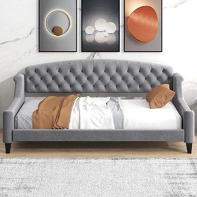 Trikiousd Modern Upholstered Daybed Corner Bed Velvet Sofa Bed with Button Tufted Backrest