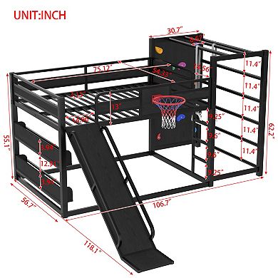 Trikiousd Metal Full Floor Bunk Bed w/ Basketball Hoop, Pull-Up Rings, Climbing Wall & Bookshelves