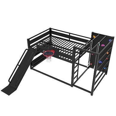 Trikiousd Metal Full Floor Bunk Bed w/ Basketball Hoop, Pull-Up Rings, Climbing Wall & Bookshelves