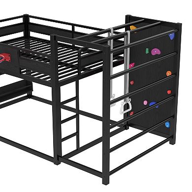 Trikiousd Metal Full Floor Bunk Bed w/ Basketball Hoop, Pull-Up Rings, Climbing Wall & Bookshelves