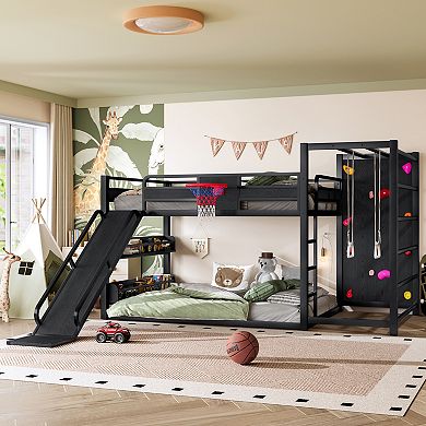 Trikiousd Metal Full Floor Bunk Bed w/ Basketball Hoop, Pull-Up Rings, Climbing Wall & Bookshelves