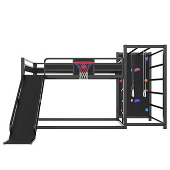 Trikiousd Metal Full Floor Bunk Bed w/ Basketball Hoop, Pull-Up Rings, Climbing Wall & Bookshelves